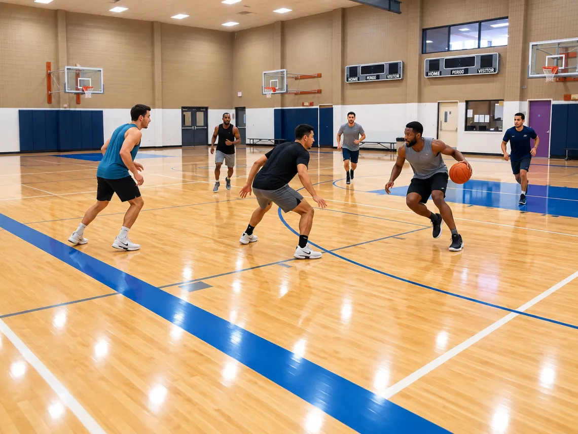 Adults playing pick up basketball